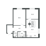 3-комнатная, 66 м², жилая: 43.8 м², кухня: 5.5 м²