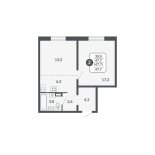 2-комнатная, 47.7 м², жилая: 47.7 м², кухня: 6.3 м²
