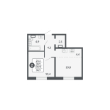 2-комнатная, 38.9 м², жилая: 38.9 м², кухня: 4.4 м²